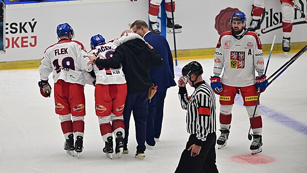 Zraněný Michael Špaček opouští led v zápase proti Finsku na Euro Hockey Tour v...