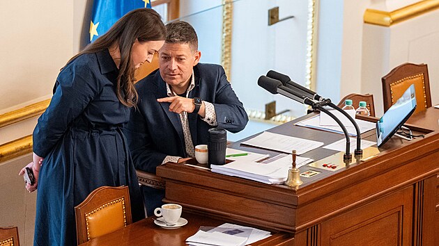 Místopředseda Poslanecké sněmovny Patrik Nacher (ANO) a Lucie Bartošová (ODS) na mimořádné schůzi Poslanecké sněmovny. Ta se zabývá veřejným rozpočtem a podporou bydlení. (6. května 2026)