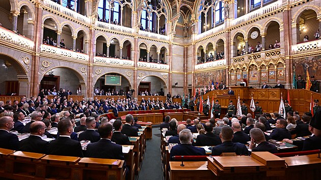 Slavnostní inaugurace nově zvoleného maďarského premiéra Pétera Magyara v Budapešti (9. května 2026)