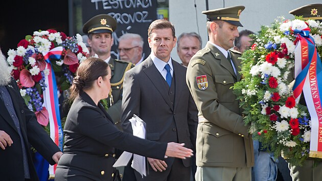 Pietn&iacute; akt u pomn&iacute;ku D&iacute;ky, Ameriko! v r&aacute;mci plzeňsk&yacute;ch Slavnost&iacute; svobody. Na sn&iacute;mku m&iacute;stopředseda sněmovny Jan Skopeček. (6. května 2026)