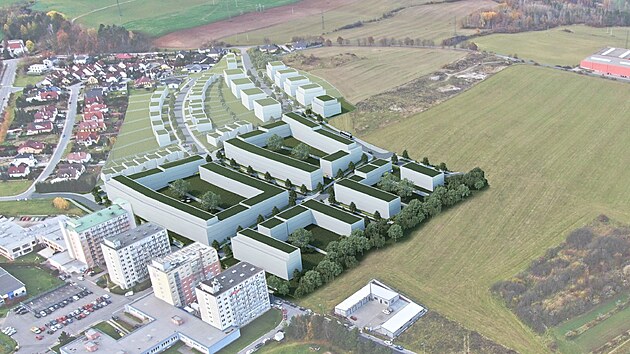 Takto by mohl vypadat soubor plánovaných obytných domů severně od nynější třebíčské ulice Manž. Curieových.