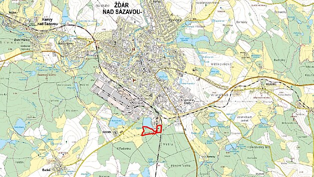 Mapa rezervace u Kamenného rybníka - její území vyznačeno červeně. (15. května 2026)