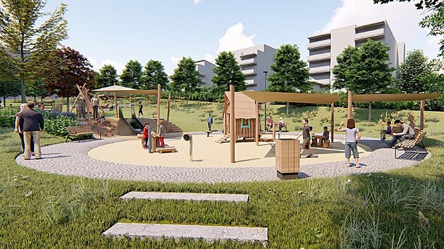 Nevyužívaný svah nad výpadovkou z Třebíče na Náměšť nad Oslavou se změní v park, jehož součástí bude i jezírko, dětské hřiště či „šeptandy“ - podzemní zvukovody. Takto by dle vizualizace měl vypadat.
