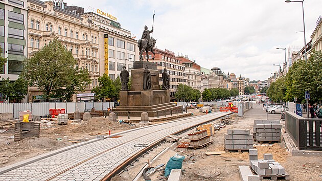 Staveni&scaron;tě nov&eacute; tramvajov&eacute; trati na V&aacute;clavsk&eacute;m n&aacute;měst&iacute; (13. května 2026)
