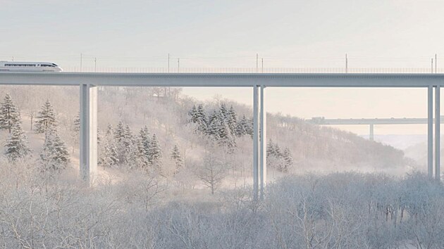 Vizualizace nového železničního mostu přes Oslavu u Velkého Meziříčí, který bude vysoký 42 metrů. Architekti se při návrhu inspirovali i sousedním dálničním mostem Vysočina, který je vidět v pozadí.