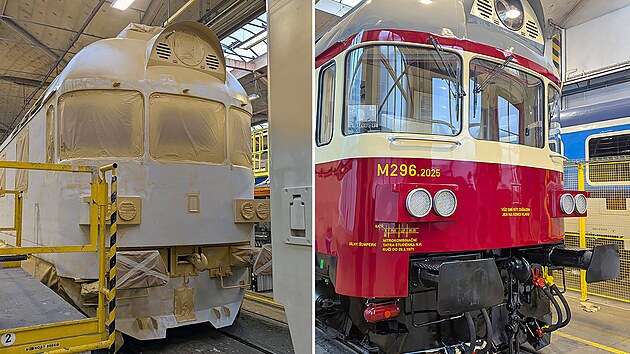 Renovovaný motorový vůz Hydra z konce 60. let se v novém „polomáčeném“ laku vrací na železniční tratě v Libereckém kraji. (5/2026)