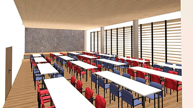 Nová tělocvična s jídelnou a společenským sálem vyrostou na místě dnešní velké tělocvičny, stranou učeben. Takto by nový pavilon a jeho interiéry měly dle vizualizace vypadat. Hotovo by mělo být v závěru roku 2029.