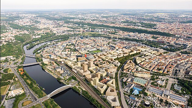 Vizualizace budoucí podoby pražských Bubnů. Na rozsáhlém brownfieldu kolem bývalého nákladového nádraží má vzniknout nová čtvrť s přibližně 10 tisíci byty pro 22 500 obyvatel. Součástí plánů je centrální park, nová občanská vybavenost i propojení s chystanou Vltavskou filharmonií.