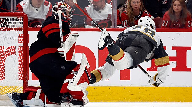Tomáš Hertl (Vegas) plachtí vzduchem po kontaktu s gólmanem Frederikem Andersenem (Carolina).