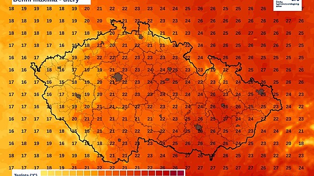 Dnešní maximální teploty dle hlášení meteorologů.