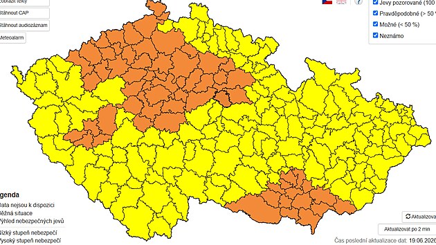 Mapa s platností výstrahy před vysokým vedrem v Česku od pátku 19. do pondělí 22. června