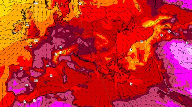 Předpověď teplot pro Evropu na pátek 19. června odpoledne podle modelu ECMWF
