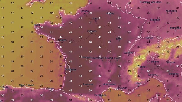 Předpověď teplot podle modelu Ventusky na pondělí 22. června 2026