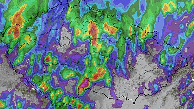 Mapa se souhrnem srážek za 24 hodin za celé pondělí 29. června 2026 podle předpovědi ČHMÚ.