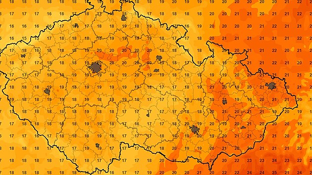 Mapa nejnižších teplot v noci na středu