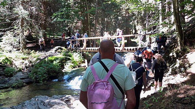 Turisté na Bílé Opavě tvoří řady, aby se vůbec dostali přes jednotlivé mostky. (červen 2026)