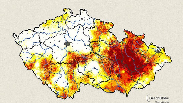 Mapa zobrazující intenzitu sucha v České republice (2. července 2026)