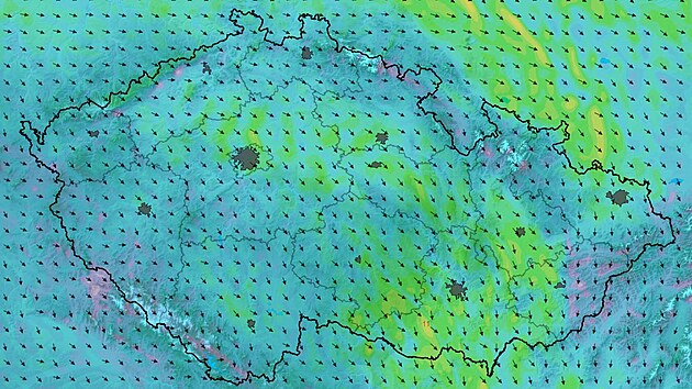 Mapa s předpovědí rychlostí větru v Česku v pátek odpoledne