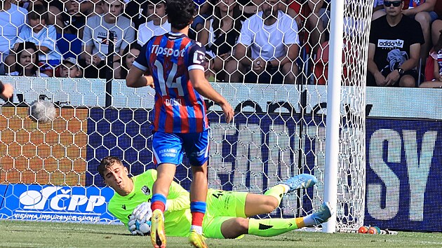 Plzeňský brankář Florian Wiegele zasahuje v utkání proti Liberci.