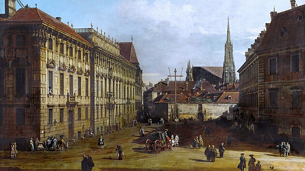 Lobkowiczký palác ve Vídni (vlevo) kolem roku 1760, malba od Bernarda Bellotta.