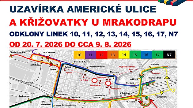 Americká ulice v Plzni je uzavřená i pro vozidla PMDP. (21. července 2026)