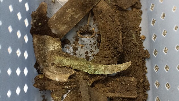 Bronzové nástroje staré více než 3 tisíce let objevili archeologové u Kojetína na Přerovsku. Soubor obsahuje například osm deformovaných srpů, část meče, zlomky ozdob a další bronzové předměty náležející kultuře popelnicových polí. Na snímku je soubor artefaktů před laboratorním zpracováním. (červenec 2026)