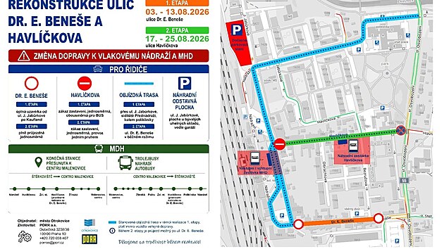 Rekonstrukce ulic Dr. E. Bene&scaron;e a Havl&iacute;čkova přinese dopravn&iacute; omezen&iacute; při cestě na vlakov&eacute; n&aacute;draž&iacute; v Otrokovic&iacute;ch. (červenec 2026)