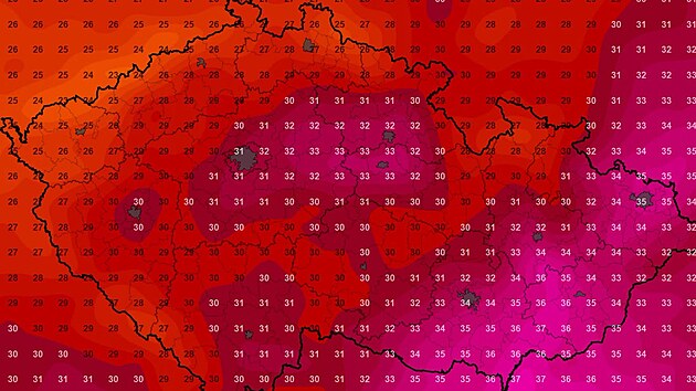 Mapa s předpovědí teplot v Česku v sobotu 1. srpna 2026