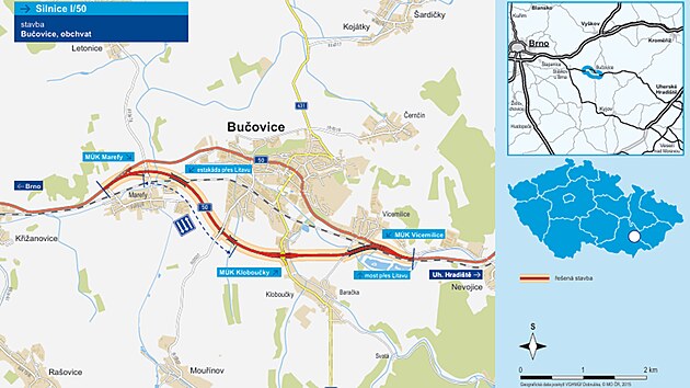 Trasa budouc&iacute;ho obchvatu Bučovic na Vy&scaron;kovsku.