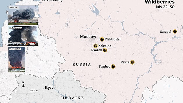 Mapa dosavadních ukrajinských útoků na infrastrukturu ruského internetového prodejce Wildberries (30. července 2026)