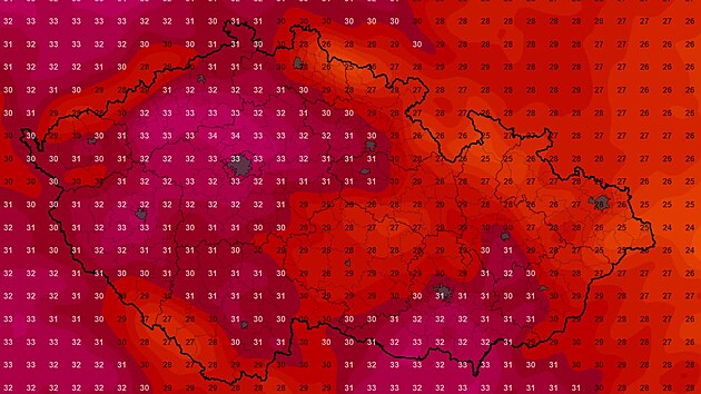 Mapa s předpovědí teplot na neděli 9. srpna