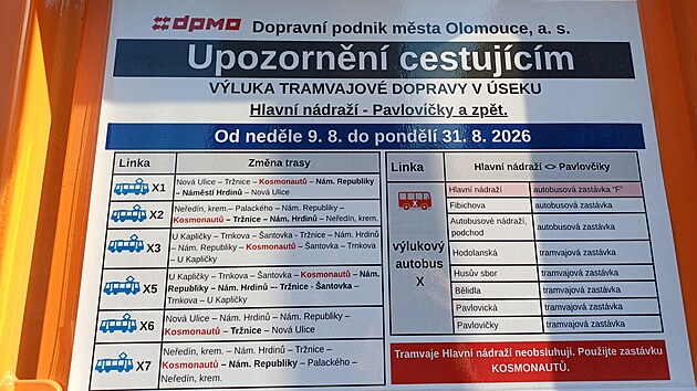 Od neděle 9. srpna až do konce měsíce bude olomoucký dopravní podnik opravovat výhybky u hlavního nádraží a na tramvajové smyčce Fibichova v Olomouci. Nepojedou kvůli tomu v úseku Hlavní nádraží – Fibichova – Pavlovičky. Cestující budou využívat občasnou zastávku na třídě Kosmonautů.