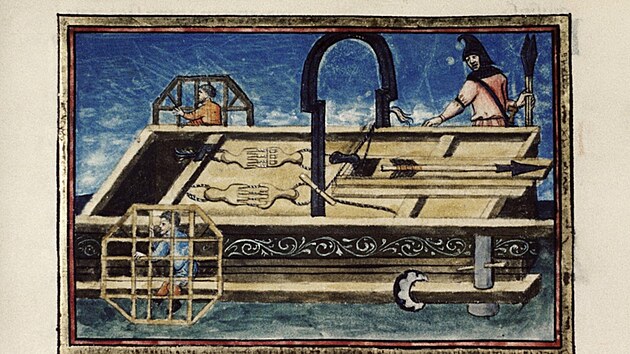 Bodleianské knihovny Oxfordské univerzita nesou ve svých sbírkách i další pozdní vyobrazení zázračných zbraní z De Rebus Bellicis. Tohle je Ballista fulminalis a ilustrativní zobrazení hypotetického způsobu, jak zvýšit dostřel zbraní.