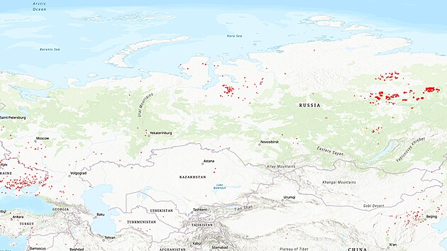 Lesní požáry v Rusku 13. srpna 2026 podle americké NASA