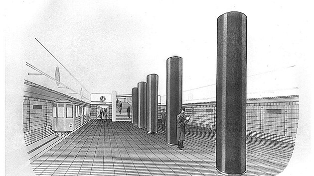 Projekt M od Konsorcia sdružených firem. Trať A Dejvice–Pankrác ve fází prováděcího projektu. Stanice Můstek (1941)