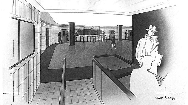 Projekt M od Konsorcia sdružených firem. Trať A Dejvice–Pankrác ve fází prováděcího projektu. Stanice Dejvice (1941)
