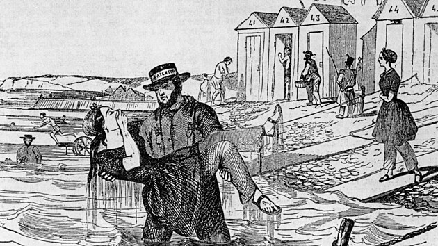 Dovolená na přísně hlídané, na mužskou a ženskou část rozdělené pláži v roce 1844. Plavčík pomáhá nervózní dámě s koupáním.