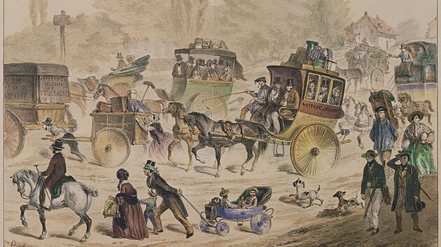 Odjezd na dovolenou, litografie, autor Denis Clement Pruche (1811-1870). Nepohodlné a špinavé cestování poloviny devatenáctého století si žádalo tmavé, třeba i obnošené svrchníky.