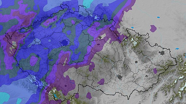 Mapa s předpovědí srážek v neděli 16. srpna