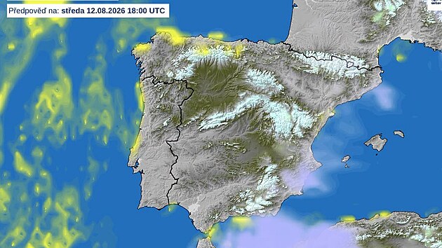 Předpověď oblačnosti pro Španělsko a Portugalsko na středu 12. srpna 2026 při zatmění Slunce.