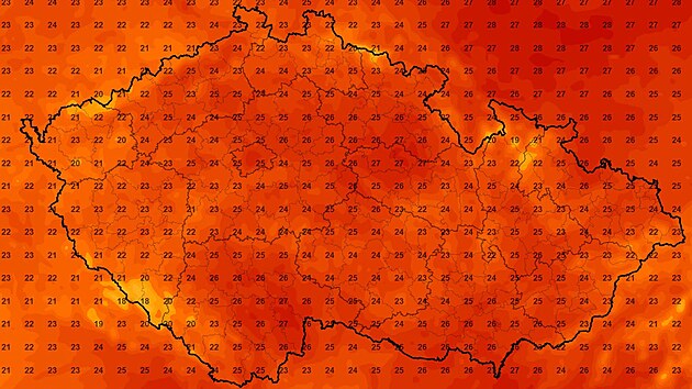 Mapa nejvyšších odpoledních teplot předpovídaných na pátek 21. srpna 2026