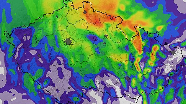 Mapa s předpovědí srážek a bouřek v pátek 21. srpna ve 23 hodin SELČ