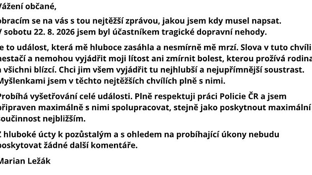 Vyádření luhačovického starosty Mariana Ležáka k dopravní nehodě (srpen 2026)