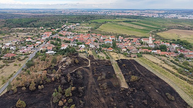 Snímky z dronu ukazují rozsah území zasaženého nedělním požárem u obce Konice na hranici Národního parku Podyjí. (31. srpna 2026)