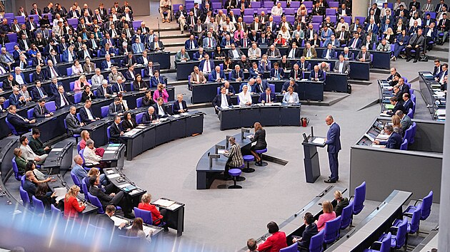 Německý kancléř Friedrich Merz během debaty o rozpočtu ve Spolkovém sněmu (9. září 2026)
