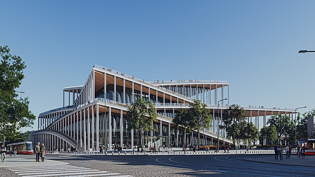 Vizualizace Vltavsk&eacute; filharmonie, pohled z ulice.