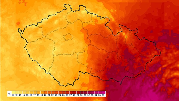Mapa teploty vzduchu ve 14:00, kterou zveřejnil Český hydrometeorologický ústav. (9. září 2026)