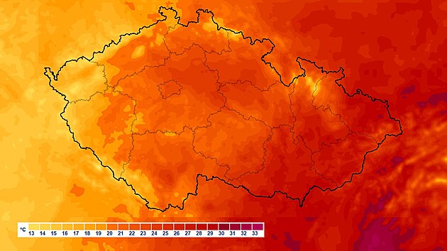 Mapa teploty vzduchu v 10:00, kterou zveřejnil Český hydrometeorologický ústav. (9. září 2026)