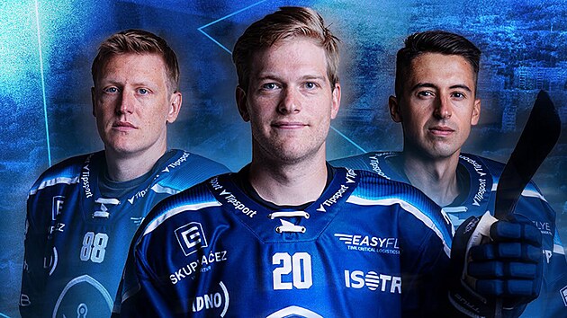 Dres hokejov&yacute;ch Ryt&iacute;řů Kladno pro extraligov&yacute; ročn&iacute;k 2026/27. Zleva Miroslav Forman, Nico Ojam&auml;ki, Dominik Pavl&aacute;t.