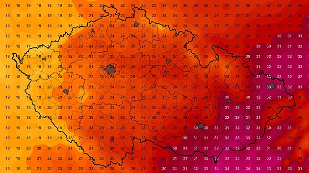 Mapa s předpovědí teplot na středu 9. září 2026